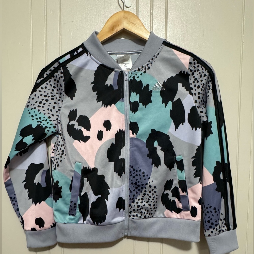 XL(14) Girls Adidas zip up all over print tricot jacket